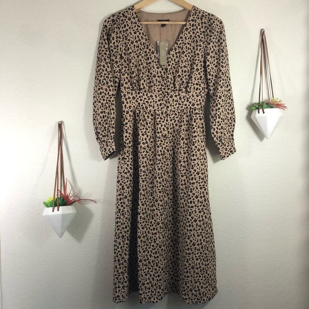 NWT J. Crew leopard satin button long sleeve dress